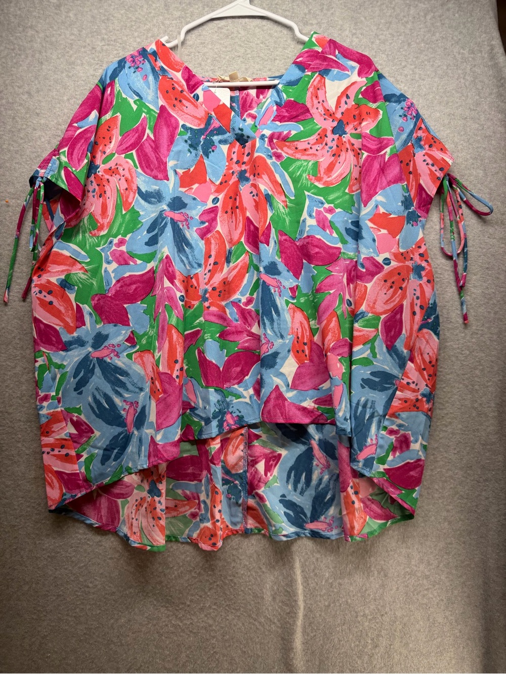 entro Vibrant Floral V-Neck Blouse in Pink, Blue & Green